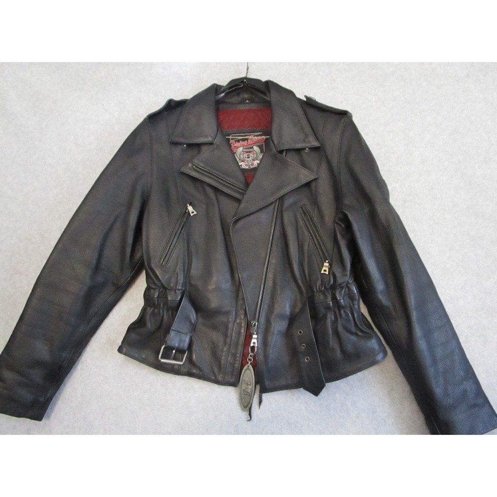 Flying Bikes Oakwood Leather Motorcycle Jacket Womens Large Black Quilted Belted